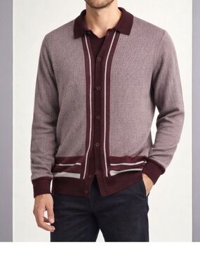 Report Collection Cashmere Touch Textured Knit Cardigan Sweater Maroon - M